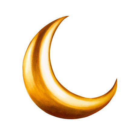 Watercolor Islamic arabian golden crescent moon illustration isolated on white background. Muslim golden hand drawn holiday Ramadan Kareem or Eid Al Adha 2024. For designers, prints, postcards, wrapping paper, holiday, covers, posters and textil.の写真素材