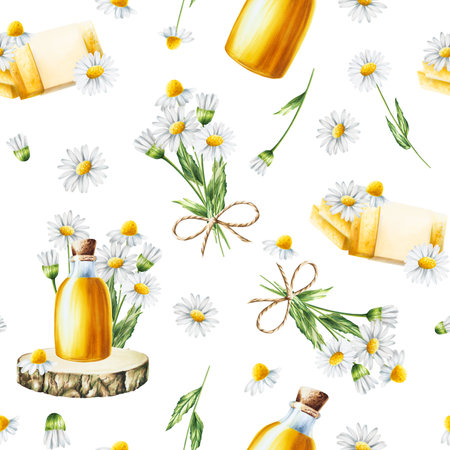 Watercolor seamless pattern with white daisy flowers illustration and oil glass bottle with cork cap on a wooden saw isolated on background. Chamomile. Detail of beauty products and botany set, cosmetology and medicine. For designers, spa decorationの写真素材