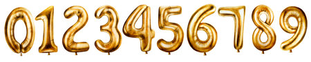 Watercolor set of golden foil balloons digits 0,1,2,3,4,5,6,7,8,9. Hand drawn birthday party numbers zero, one, two, three, four, five, six, seven, eight, nine for decoration isolated on white background. Shiny element for designers, prints, babyの写真素材