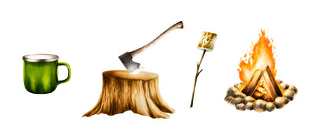 Watercolor camping axe in wooden stump, campfire and roasted marshmallow, metal green cup illustrations. Mountain equipment for recreation tourism and adverture isolated on white background. Clip art for designers, travel business, postcards, scrapbooking, coveの写真素材
