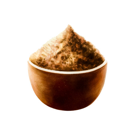 Watercolor brown ceramic bowl of cocoa powder or cinnamon. Hand drawn half cacao, beens, realistic organic superfood illustration isolated on white background. For designers, packaging design, menu, decoration, postcards, wrapping paper, scrapbookinの写真素材