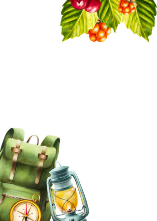 Watercolor frame, postcard with illustrations of hiking, camping backpack, gold vintage marine compass, cloudberry, autumn leaves and oil kerosene lantern. Template for designers, travel business, postcards, scrapbooking, covers, invitations, posterの写真素材