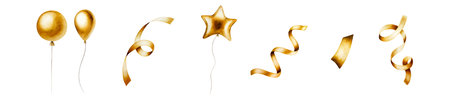 Watercolor golden ribbon and streamer for birthday gifts, foil balloons on a strings. Hand drawn confetti for party decoration isolated on white background. Shiny element for designers, prints, baby shower, postcards, wrapping paper, holiday, childreの写真素材