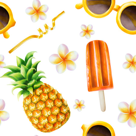 Watercolor tropical seamless pattern with illustrations with fruit ice cream, straw for cocktail,...