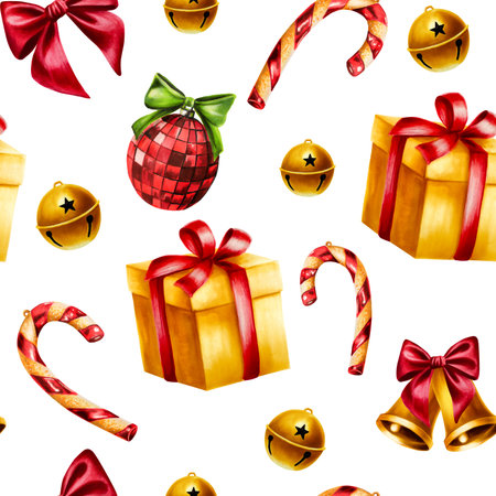 Seamless pattern with Christmas balls, golden bell, gift illustrations. New year watercolor present box with red bow isolated on background. For designers, decoration, shop, for postcards, wrapping paper, covers. For posters and textile.の写真素材