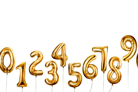 Seamless frame with golden foil balloons digits 0-9. Hand drawn watercolor birthday party numbers zero, one, two, three, four, five, six, seven, eight, nine for decoration isolated on white background. Shiny element for designers, prints, baby.の写真素材