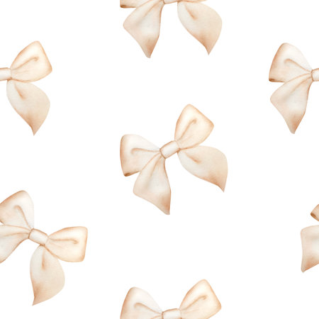 Seamless pattern with birthday and holiday pastel ribbon bow. Hand drawn watercolor children and girls illustration isolated on white background. Shiny element for designers, prints, baby shower, postcards, wrapping paper, holiday, children, covers.の写真素材