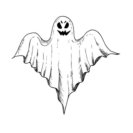 Vector halloween scary ghost. Hand painted linear phantom silhouette illustration. Graphic monochrome spooky monster for tattoo, magical hand painting for holiday, horror. Isolated on background. For designers, The day of the Deadのイラスト素材
