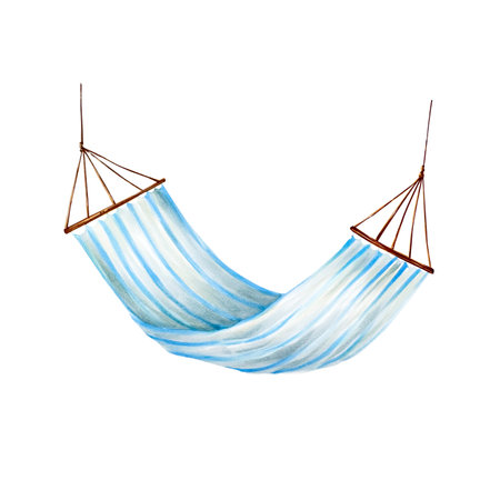 Striped hanging hammock. Watercolor lazy summer hand drawn blue illustration isolated on background. For designers, postcards, greetings, birthday, calendar, wallpapers, wrapping paper, scrapbooking, covers, invitations, posters and textileの写真素材