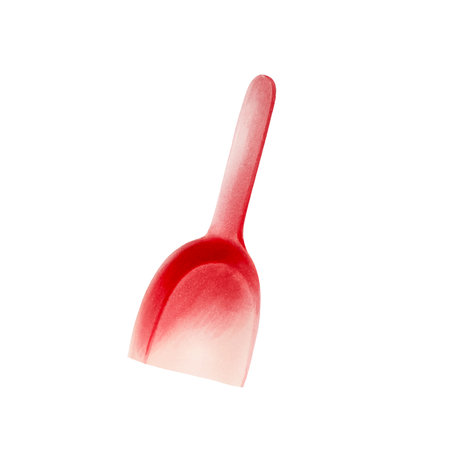 Red plastic childrens shovel. Watercolor hand drawn kids toy for the sandbox illustration isolated on background. For designers, postcards, greetings, birthday, calendar, wallpapers, wrapping paper, scrapbooking, covers, invitationの写真素材