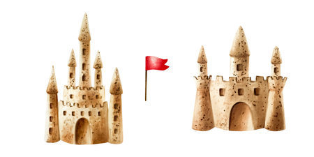 Sand castle and red flag. Watercolor hand drawn kids play in the sandbox illustration isolated on background. For designers, postcards, greetings, birthday, calendar, wallpapers, wrapping paper, scrapbooking, covers, invitation.の写真素材