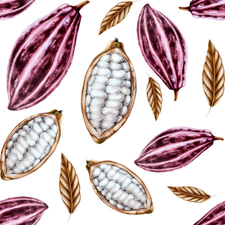 Seamless pattern with watercolor open cocoa pod, fruits and dry leaves. Hand drawn half cacao, beens, realistic organic superfood illustration isolated on background. For designers, packaging design, menu, decoration,の写真素材