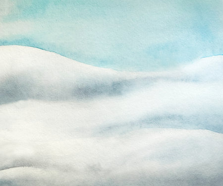 Winter landscape. Snowdrifts and blue sky. Watercolor hand painted valley, snowy field illustration isolated on background. For designers, decoration, shop, for postcards, wrapping paper, covers.の写真素材