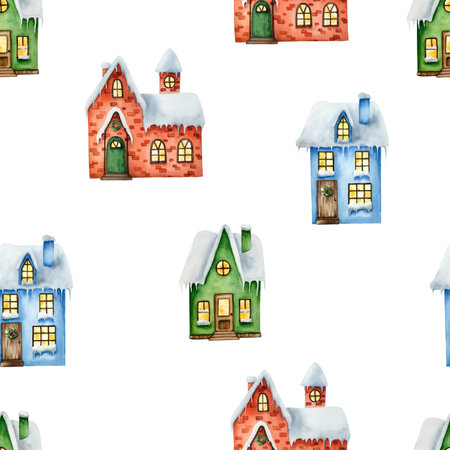 Seamless pattern with winter snow-covered houses. Christmas watercolor hand painted illustrations isolated on background. For designers, decoration, shop, for postcards, wrapping paper, covers. For posters and textile.の写真素材