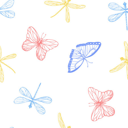 Vector seamless pattern with butterflies and dragonflies. Hand painted linear insects. Graphic clipart isolated on background. Botanical and wedding illustration. For designers, invitations, decoration, postcards, wrapping paper, scrapbooking, covers.のイラスト素材
