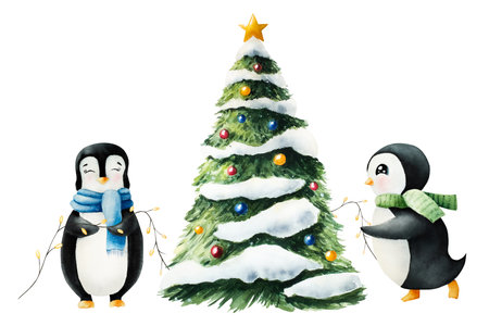 Cute smiling penguins decorating the Christmas tree. Garland with gold lanterns. North animal, watercolor hand painted illustration isolated on background. For designers, decoration, shop, for postcards, wrapping paper, covers.の写真素材