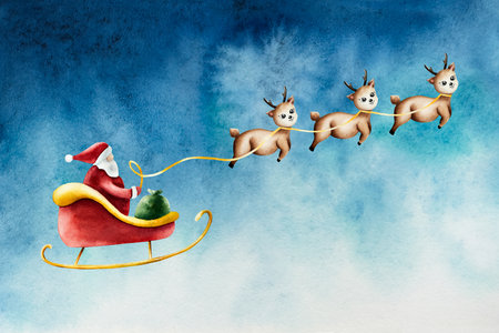 Santa Claus riding in red sleigh with bag of gifts in the night sky. Cute smiling deer, reindeer, Christmas fawn, watercolor hand painted illustration isolated on background. For designers, decoration, shop, for postcards,の写真素材