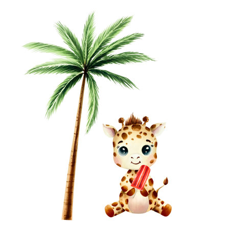 Cute baby giraffe under Green palm trees with ice cream. Lazy summer clipart. Watercolor hand drawn floral jungle illustration isolated on background. For designers, postcards, greetings, birthday, calendar, wallpapers, wrapping paper,の写真素材