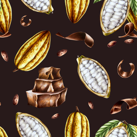 Seamless pattern with stack pieces of chocolate, open cocoa pod, fruit. Beans. Hand drawn realistic organic superfood watercolor illustration isolated on background. For designers, packaging design, menu, decoration, postcards, wrapping paperの写真素材
