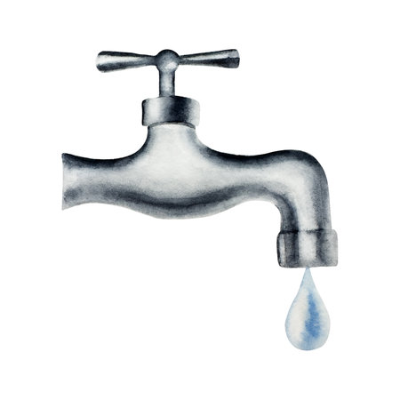 A drop of pure water dripping from the tap. Watercolor hand drawn bathroom faucet illustration isolated on background. Agriculture, organic gardening, planting or ecology. Environmental, earth day. For designers, save water, save the planetの写真素材