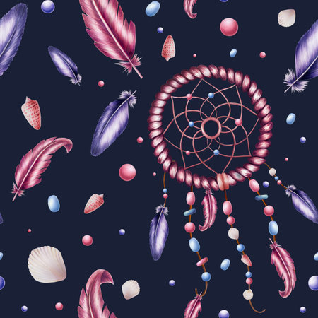 Seamless pattern with ethnic handmade woven willow hoop for a dreamcatcher, beads on a rope beads on a rope with feathers, shells watercolor illustration. Hand painted cradle protector isolated on background. Clip art for designers, cardsの写真素材
