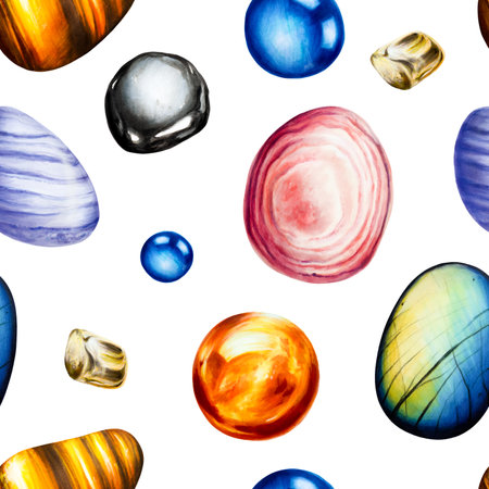 Seamless pattern with root and sacral, solar plexus, third eye, heart and crown chakras gemstone isolated illustrations. Watercolor hand drawn hematit, orange calcite and carnelian, Tigers Eye, Labradorite, Sapphire and Blue Lace Agate healing talisman and crystalの写真素材
