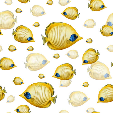 Butterflyfish seamless pattern. Colorful tropical fish. Watercolor hand drawn illustration isolated on background. For designers, postcards, greetings, birthday, calendar, wallpapers, wrapping paper,の写真素材