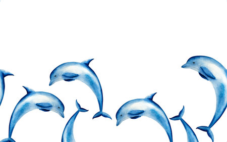 Dolphin jumping seamless frame, border, banner. Watercolor hand drawn illustration isolated on background. For designers, postcards, greetings, birthday, calendar, wallpapers, wrapping paper, baby designの写真素材