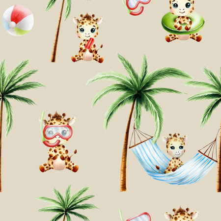 Seamless pattern with cute baby giraffe on striped hanging hammock with green palm trees. Zebra with pineapple. Watercolor hand drawn elephant, floral jungle illustration isolated on background. For designers, postcards, greetings, birthday, wallpapers, wrapping paperの写真素材