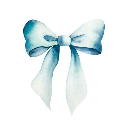 Decorative blue bow with long ribbon. Watercolor accessory of little girl. Hand drawn illustration isolated on background, transparent png. Botanical and wedding illustration. Baby shower design elements. Party invitation, birthday celebration. Spring, summer decorationの写真素材