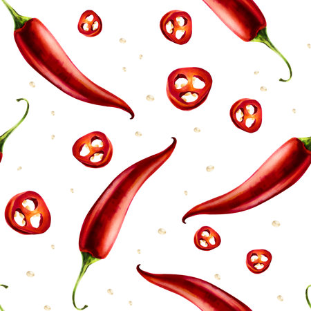 Red chilli pepper seamless pattern. Watercolor hand drawn cayenne, bell pepper spice isolated on transparent background. Salsa illustration. For designers, menu, decoration, food blog, ecofriendly branding. Healthy Vegetarian Diet.の写真素材