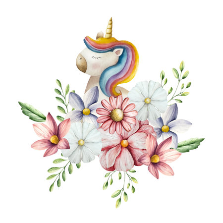 Spring flowers and branches with leaves set. Watercolor gerbera, chamomile, echinacea. Hand drawn wildflower art isolated on background, transparent png. Botanical, wedding illustration. Baby shower design elements. Party invitation, birthday celebration. Spring, summer decorationの写真素材