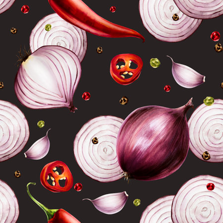 Seamless pattern with Garlic bulbs and clove and Red onions. Red chilli pepper. Watercolor hand drawn purple onion isolated on transparent background. illustration. For designers, menu, decoration, food blog.の写真素材