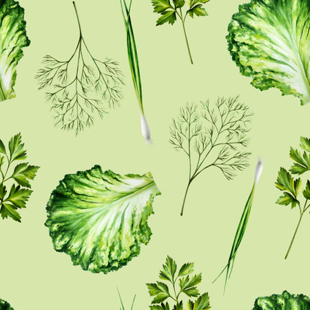 Seamless pattern with fresh green romain lettuce leafs, parsley, dill, green onions.. Watercolor hand drawn Salad kale, oregano herb isolated on transparent background. illustration. For designers, menu, decoration, food blog, ecofriendly branding. Healthy Vegetarian Diet.の写真素材