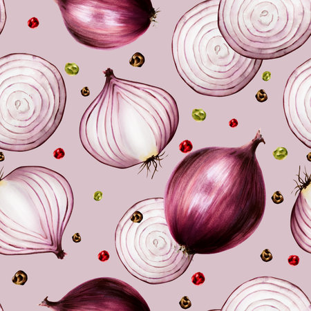Seamless pattern with Red onions. Red chilli pepper. Watercolor hand drawn purple onion isolated on background. illustration. For designers, menu, decoration, food blog.の写真素材