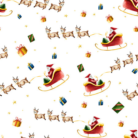 Santa Claus riding in red sleigh with bag of gifts. Cute smiling deer, reindeer, Christmas fawn, watercolor hand painted illustration isolated on background. For designers, decoration, shop, for postcards, wrapping paper, covers.の写真素材