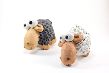 Sheep decorations and toy isolated on a white backgroundの写真素材