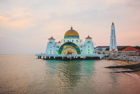 Melaka Strait Mosque (Masjid Selat) during sunset, Malacca, Malaysiaのeditorial素材