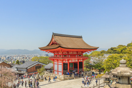 KYOTO, JAPAN - APRIL 18, 2015: Tourists walk on a street around Kiyomizu Temple. Kiyomizu is a famous temple in Kyoto built in year 778. That is part of the Historic Monuments of Ancient Kyoto. Japan on April 18, 2015のeditorial素材