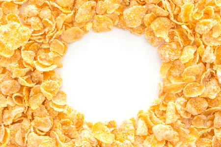 Pile of cornflakes, isolated on white background, Top view with copy spaceの写真素材
