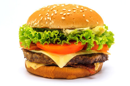 Perfect hamburger classic burger american cheeseburger with cheese, bacon, tomato and lettuce isolated on a white background.の写真素材