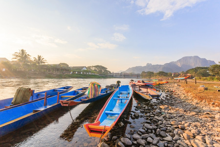 long tail boats in Song river at Vang Vieng, Laos.の写真素材