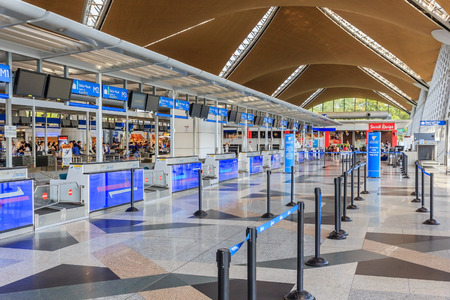 KUALA LUMPUR, MALAYSIA - APRIL 16, 2017: Check-in counters at Kuala Lumpur International Airport(KLIA1) Airport. KLIA Airport is the main international airport of Malaysia.のeditorial素材