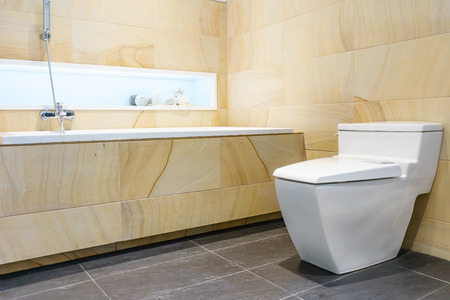 Master bathroom in a luxury apartment downtown. Brand new white ceramic sanitary wear.  Classic with loft elements.の写真素材