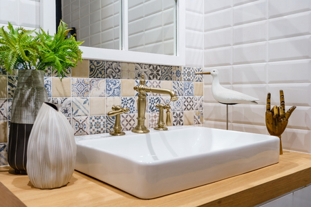Interior of bathroom with sink basin faucet and mirror. Modern design of bathroomのeditorial素材