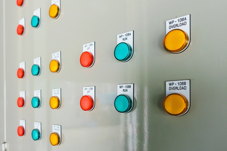 Technical display on control panel with electrical equipment devices cabinet, lightの写真素材