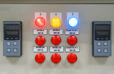 Technical display on control panel with electrical equipment devices cabinet, light