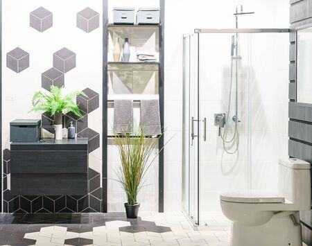 Spacious and bright modern bathroom interior with white walls, a shower cabin with glass wall, a toilet and faucet sinkの写真素材