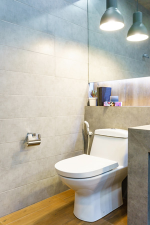interiors shots of a modern bathroom in the foreground the shower with concrete floor and toilet bowlの写真素材