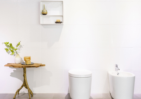 Interior of bathroom with sink basin faucet and mirror. Modern design of bathroomの写真素材